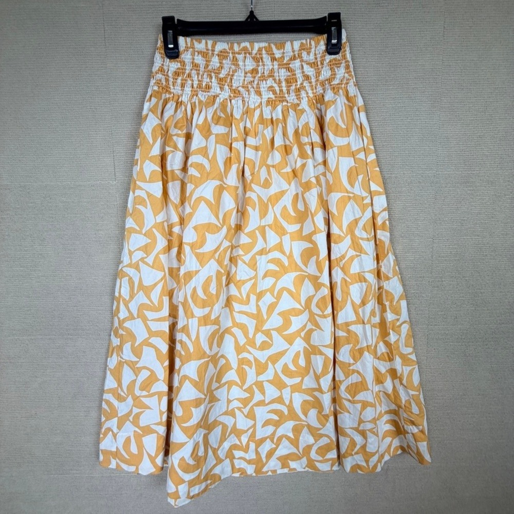 Marine Layer Bea Poplin Midi Skirt Marigold Geo Orange White Medium NWT